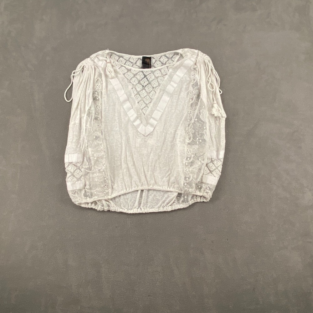 Free People Cropped Top Womens S White Embroidered Lace Boho Tassel Tie Shoulder